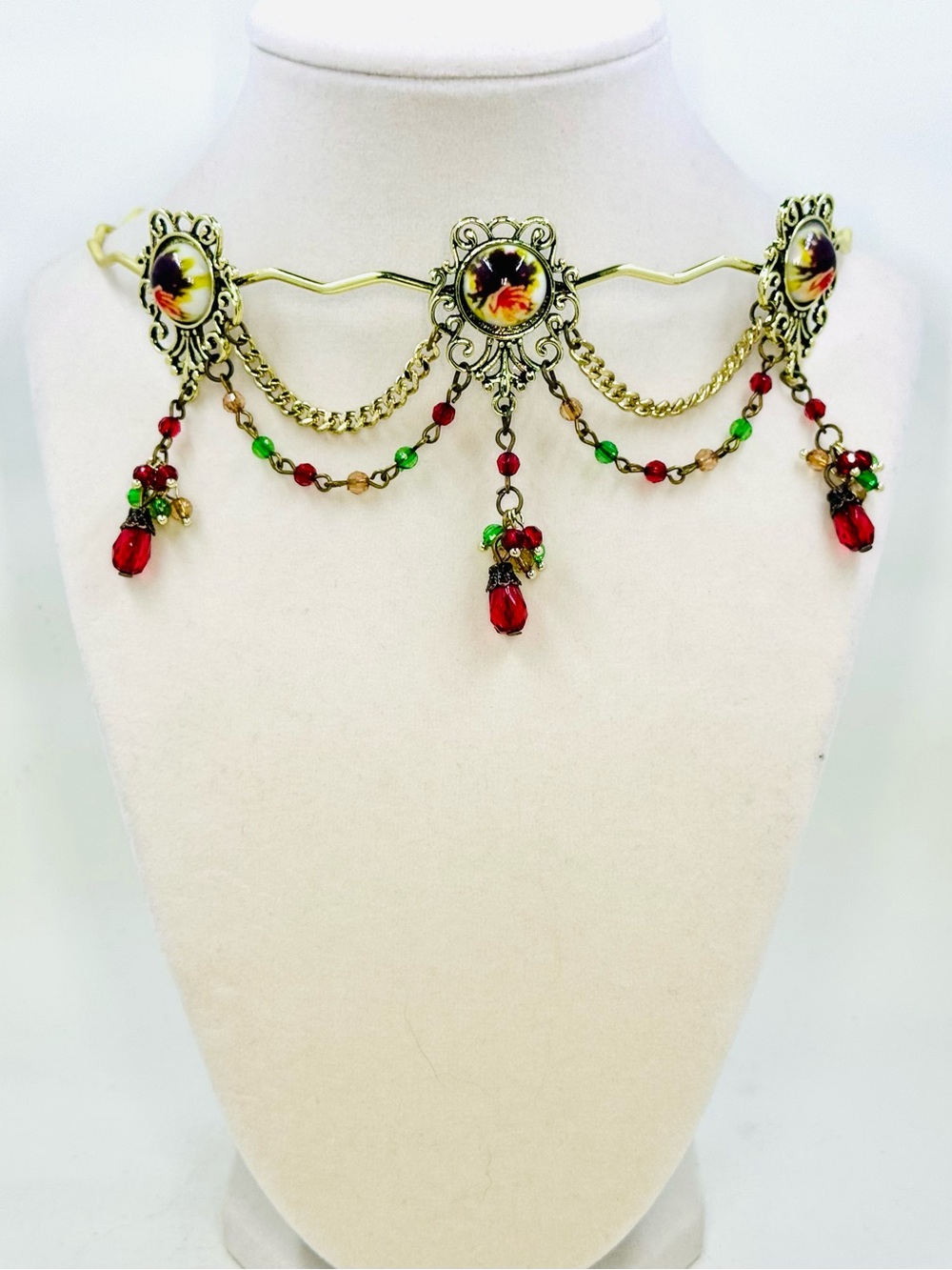Gold Tone Vintage Gothic Inspired Choker Necklace Floral Cameo & Dangling Beads